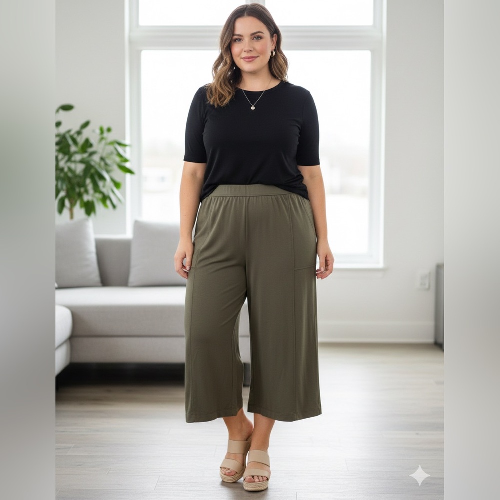 SIZE 3X New Lisa Rinna Collection Pull-On Knit Culotte Pants In Moss Green